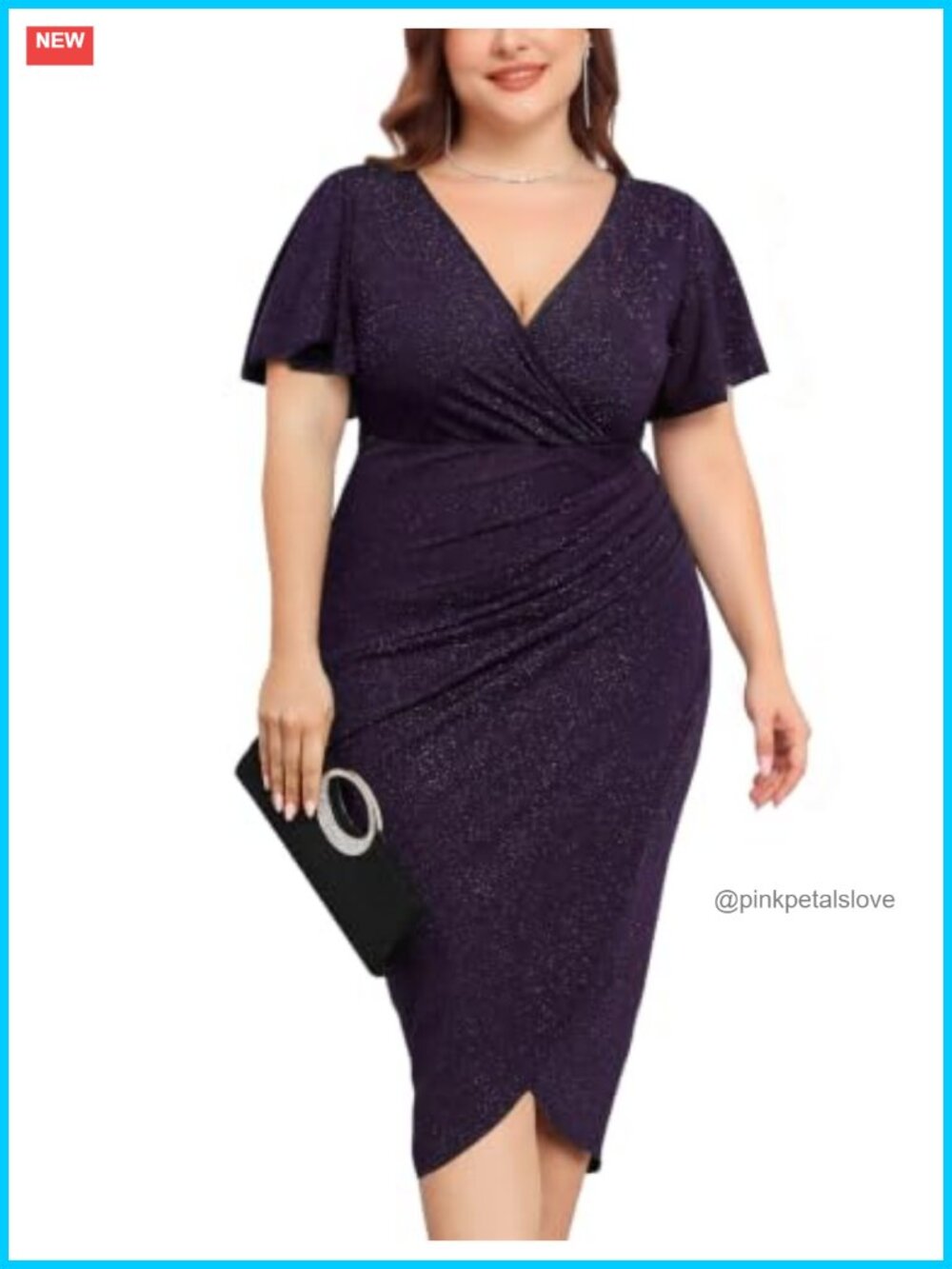 Plus Size Glitter Bodycon Midi Dress Ruched Wrap Ruffle Sleeve Cocktail Party